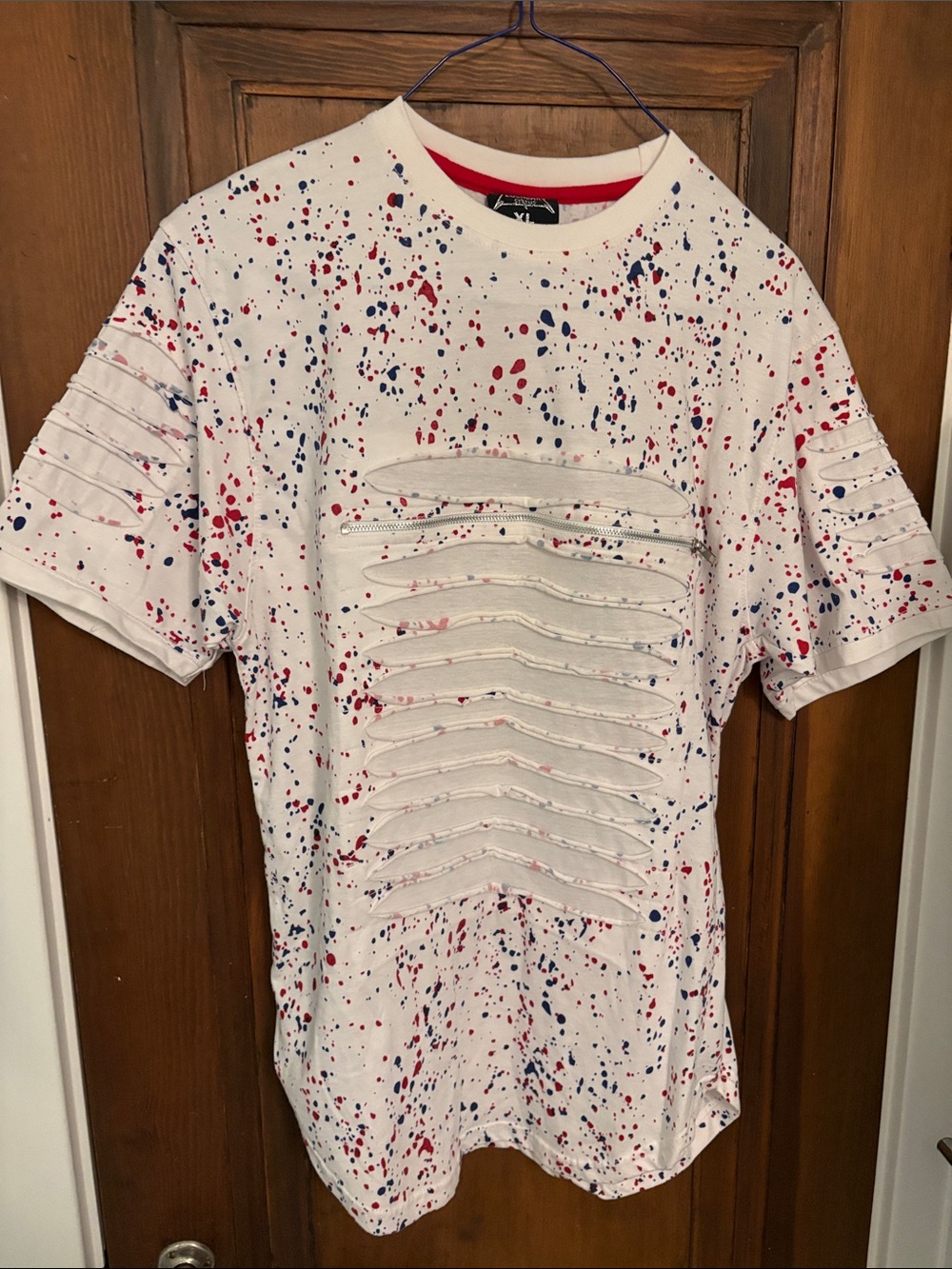 Men's White Splatter Short-Sleeve Tee with Distressed Panel